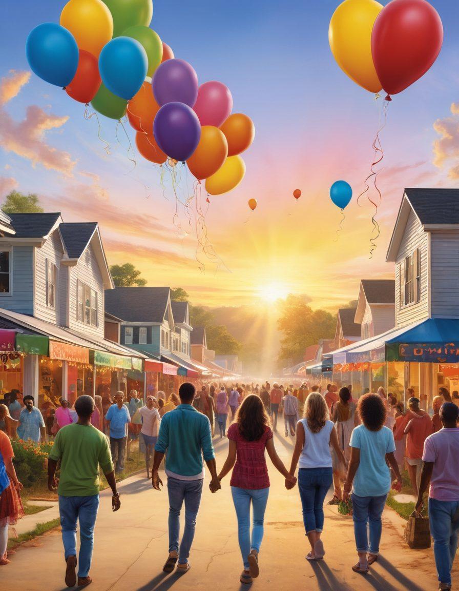 A vibrant sunrise over the scenic Georgia landscape, with diverse people gathering at a community event, sharing smiles and high-fives. Balloons and banners with positive messages like 'Joy' and 'Unity' floating around. An energetic setting that radiates warmth and happiness. super-realistic. vibrant colors.