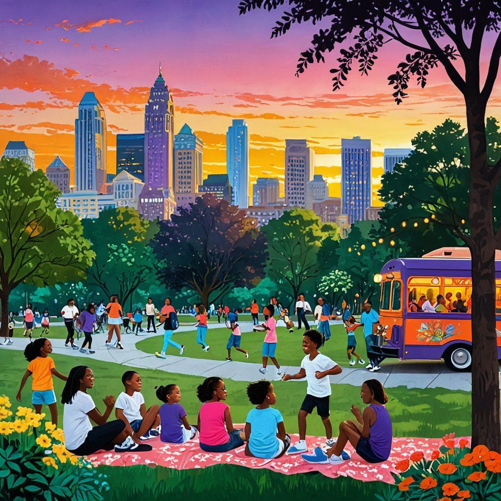 A collage of smiling diverse people enjoying the vibrant city of Atlanta, embracing uplifting moments—children playing in parks, street musicians performing, community events, and stunning cityscapes at sunset. bright and lively. cartoon illustration. vibrant colors.