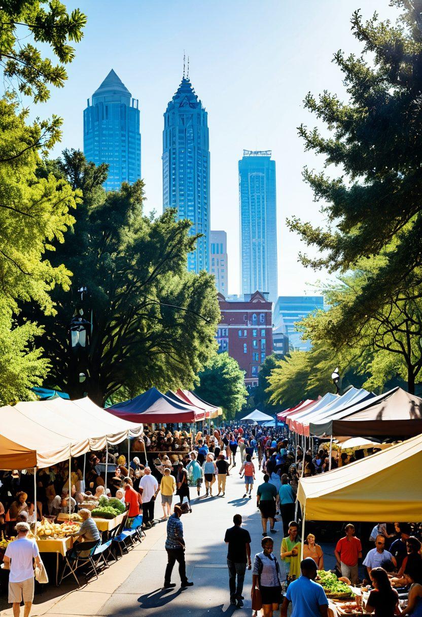 A vibrant cityscape of Atlanta with a diverse group of people engaging in joyful community activities like a farmers' market, street musicians, and families picnicking in a park. Bright sunlight casts a golden glow over the city, highlighting iconic landmarks. The image should exude warmth, happiness, and unity. super-realistic. vibrant colors.